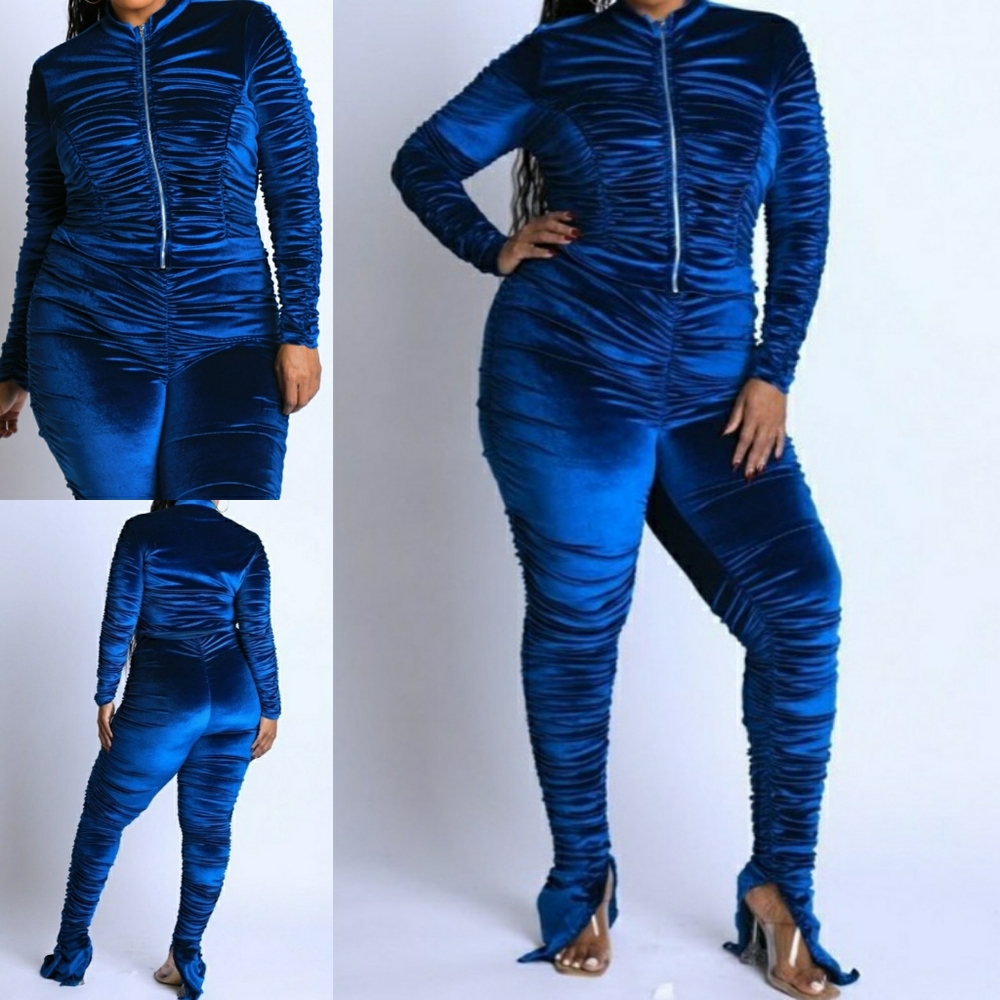 Cozy Rouched Colbat Blue Longsleeve Pants Set